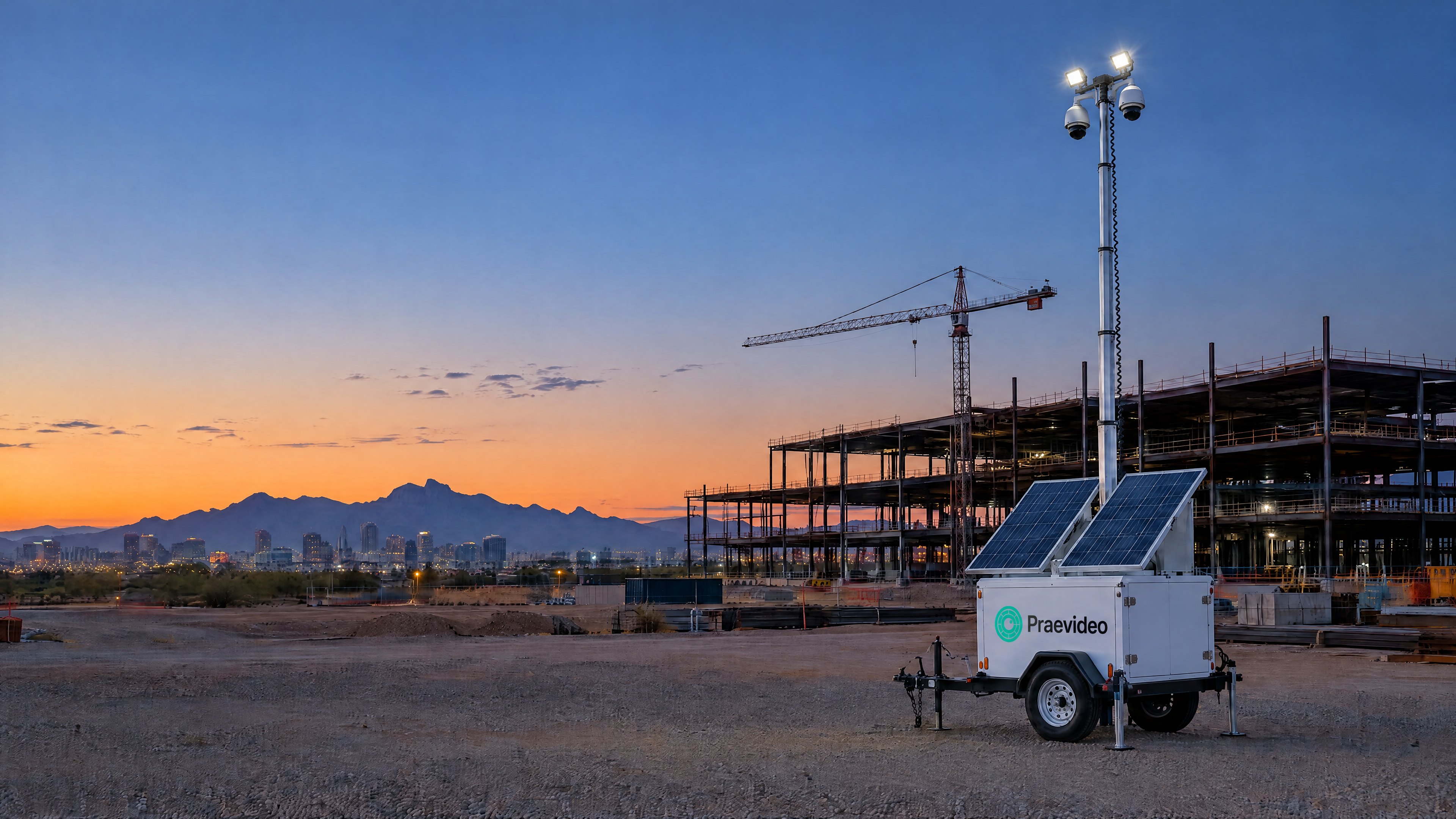 A Praevideo solar camera trailer at the edge of a Phoenix construction site at dusk.
