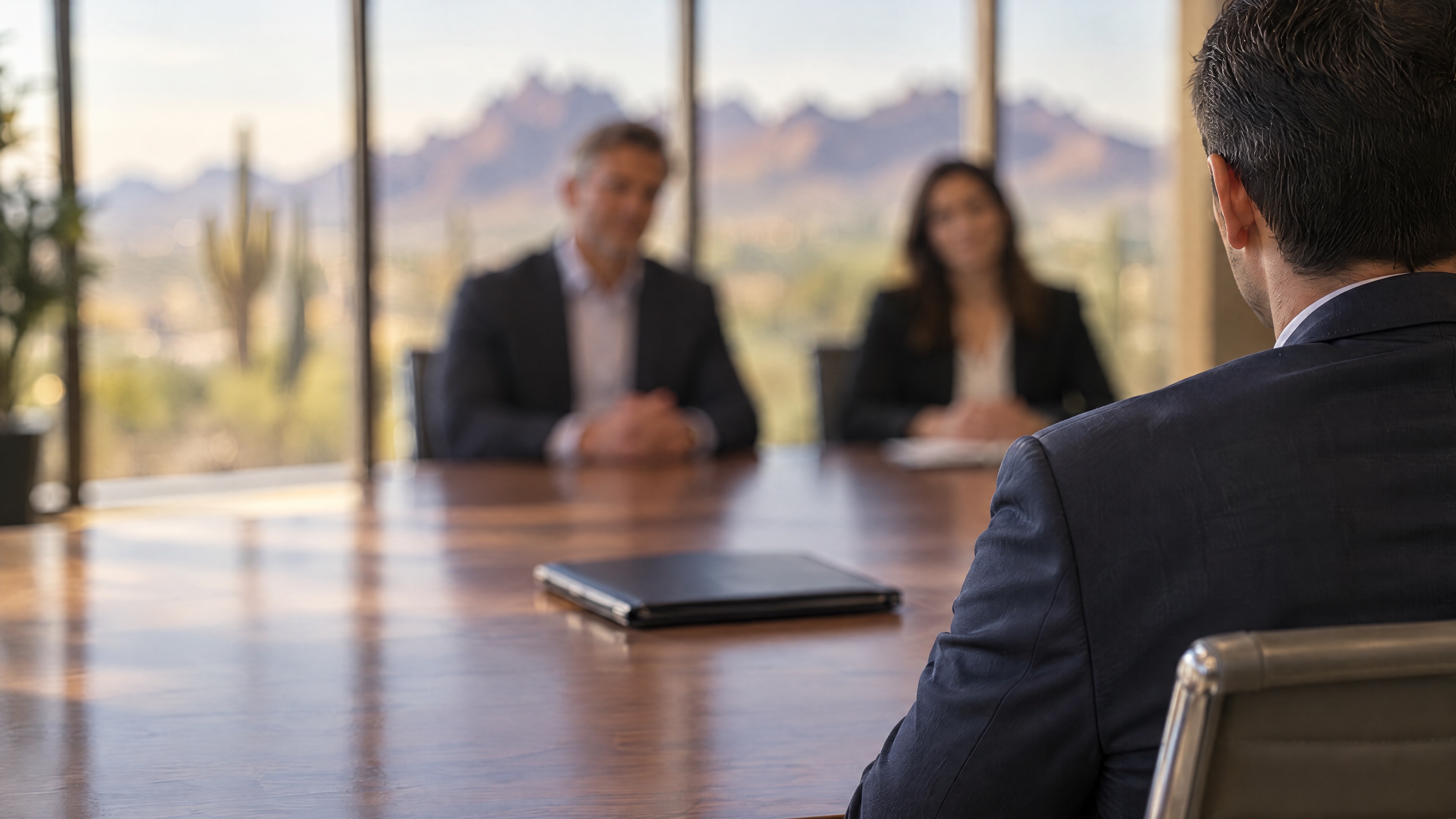 An interview across a long table in a bright office, the candidate seen from behind, desert mountains through the windows.