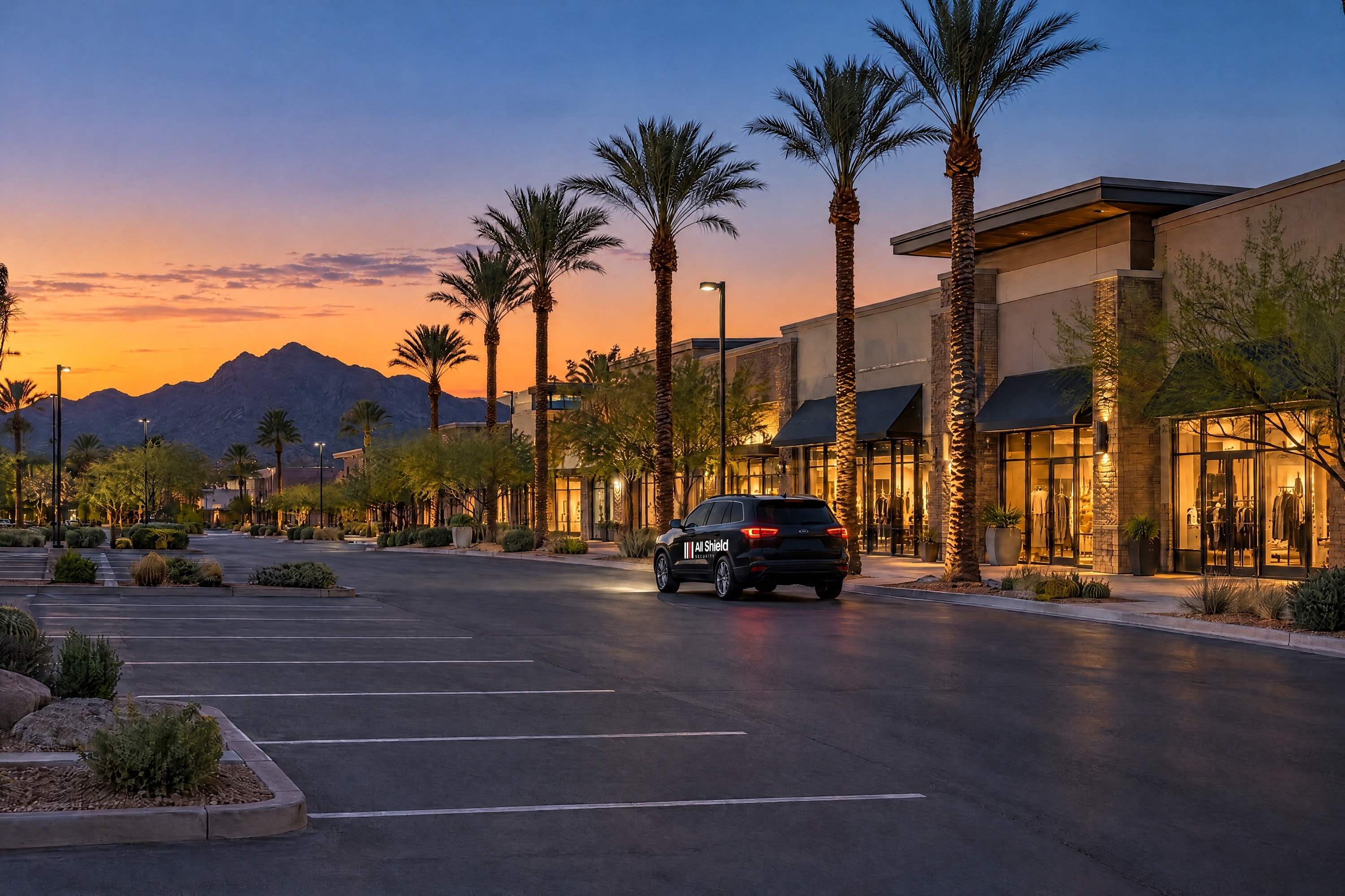 A retail center lot at dusk, an All Shield Security patrol vehicle passing the storefronts.