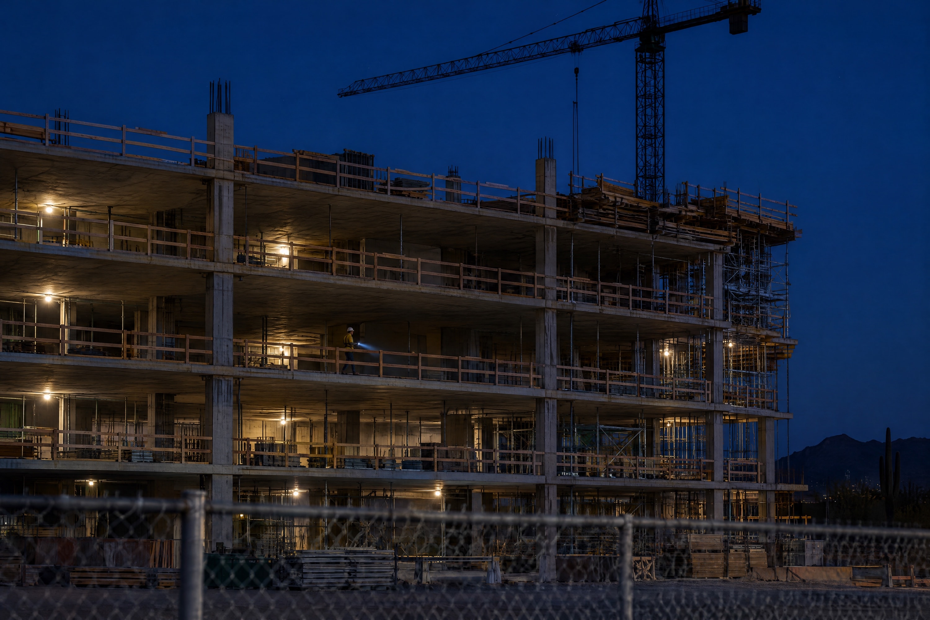 A building under construction at night, one person walking a floor with a flashlight.