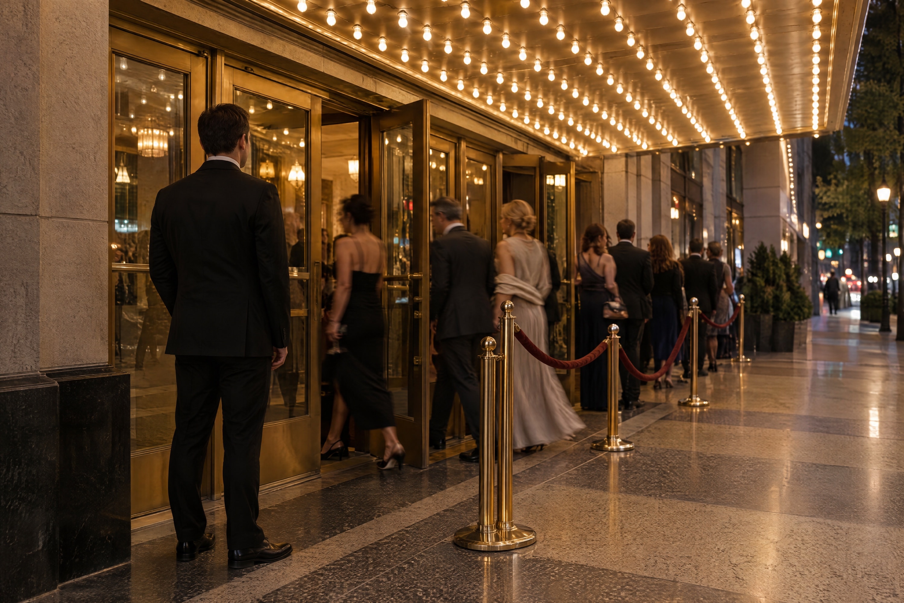 Theater doors before a show, a suited officer beside the line.